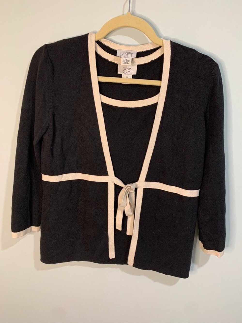 LOFT Black & Cream Cardigan Tank Set Medium 2 Piece Knit Tie Front Sleeveless To